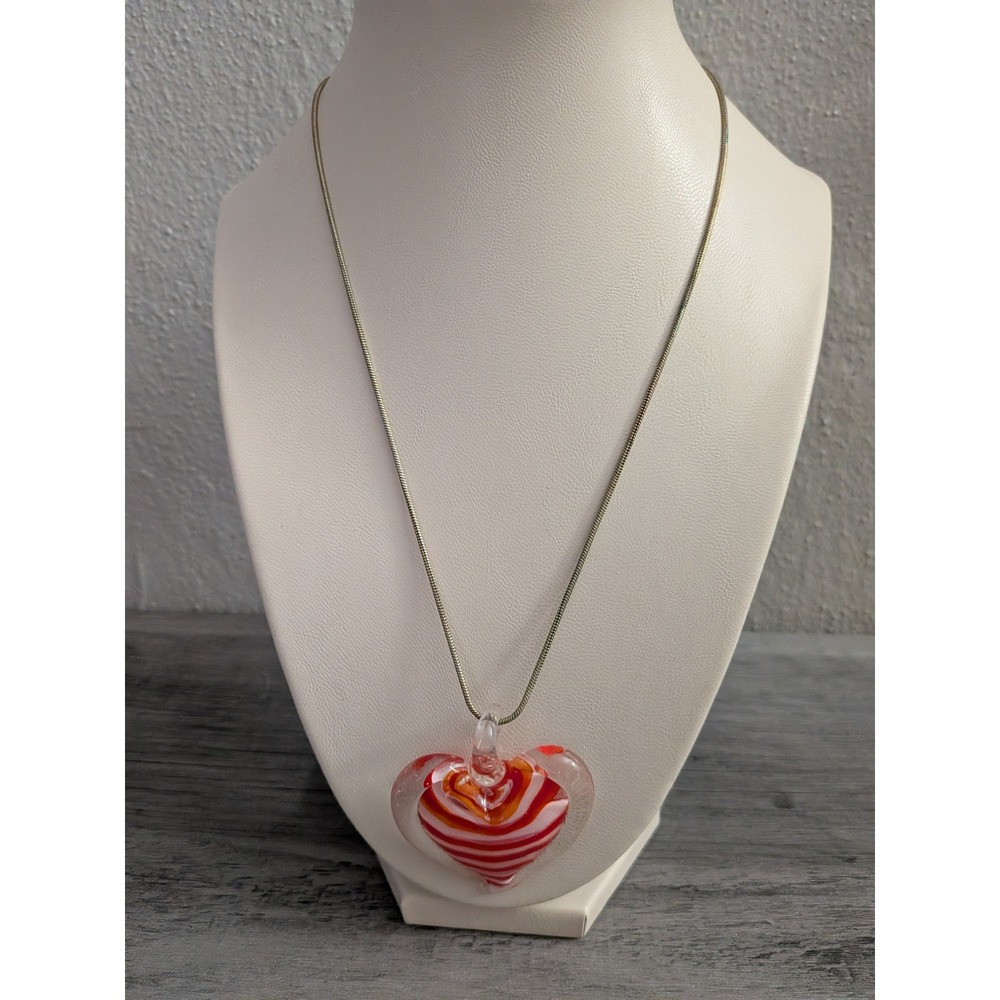 Red Swirl Art Glass Heart Pendant Necklace Silver Tone Snake Chain 18 Inch